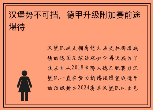 汉堡势不可挡，德甲升级附加赛前途堪待