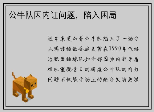 公牛队因内讧问题，陷入困局